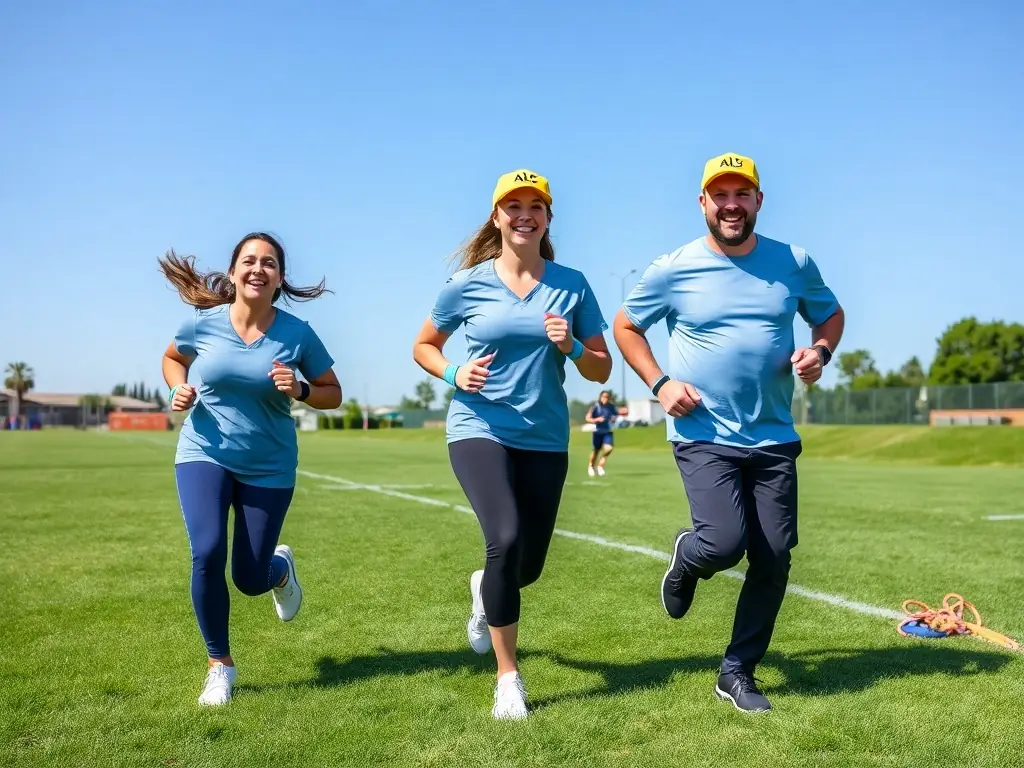 A vibrant photograph showcasing a group of hospital staff participating in a sports event, wearing ALSC-branded athletic accessories such as wristbands and caps.