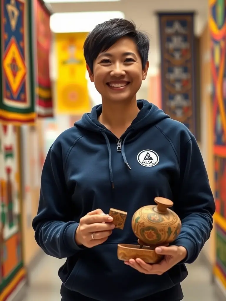 A photograph of a hospital staff member wearing a stylish ALSC-branded hoodie while attending a cultural event organized by the association.