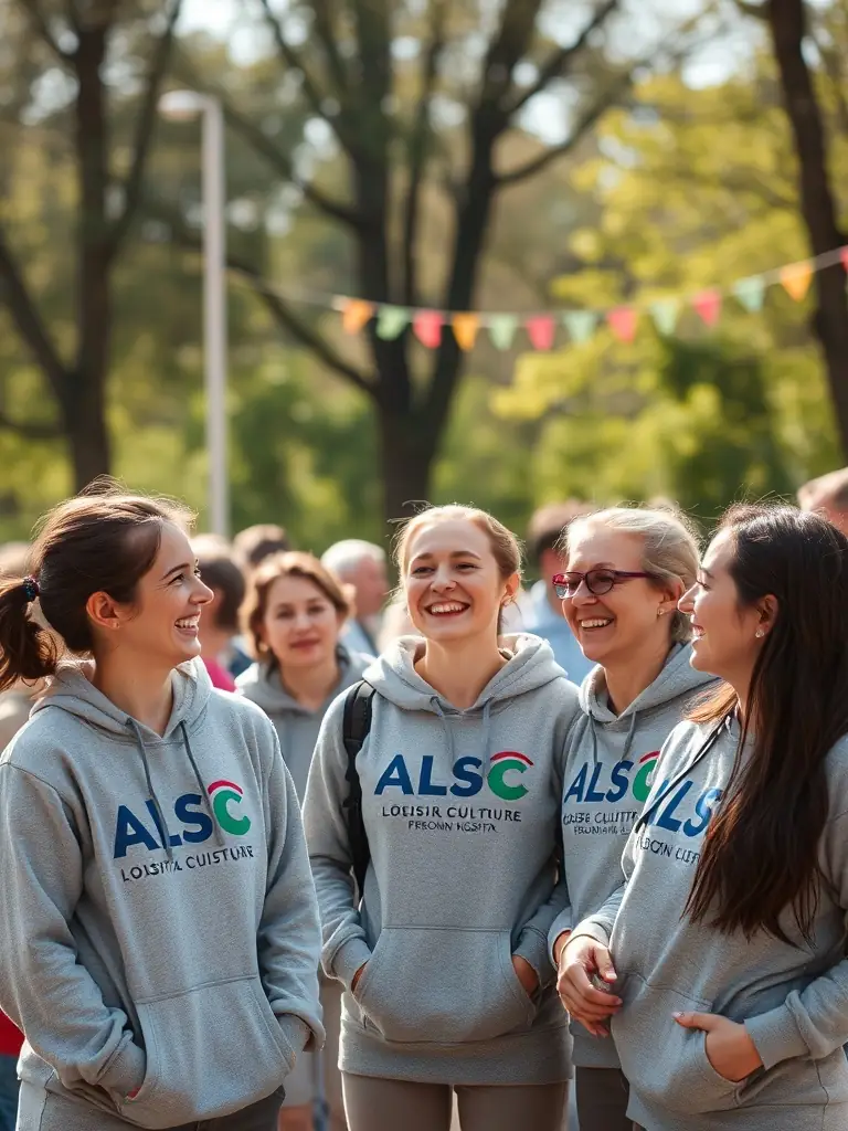 A group of hospital staff participating in a cultural event, all wearing ALSC ASS LOISIR CULTURE SPORT PERSONN HOSPITA branded hoodies, laughing and enjoying the festivities.