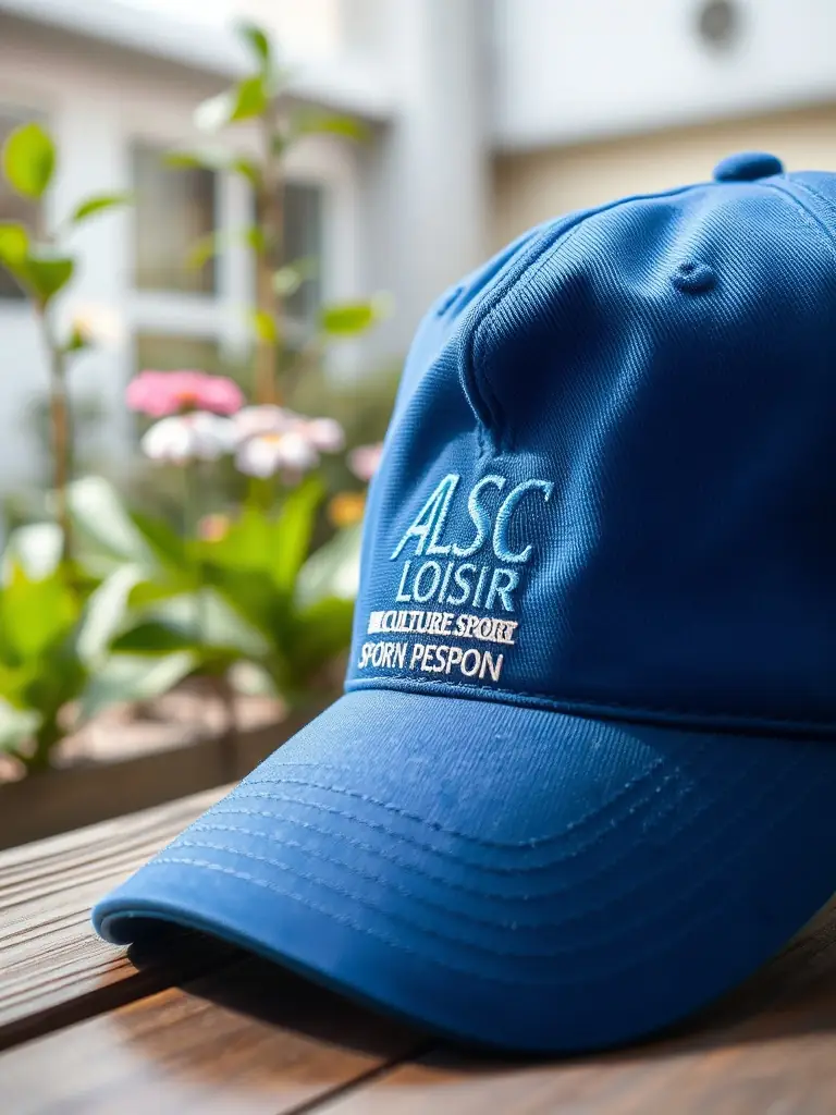 A close-up shot of an ALSC ASS LOISIR CULTURE SPORT PERSONN HOSPITA branded cap, showcasing the logo and design details, with a blurred background of a hospital garden.