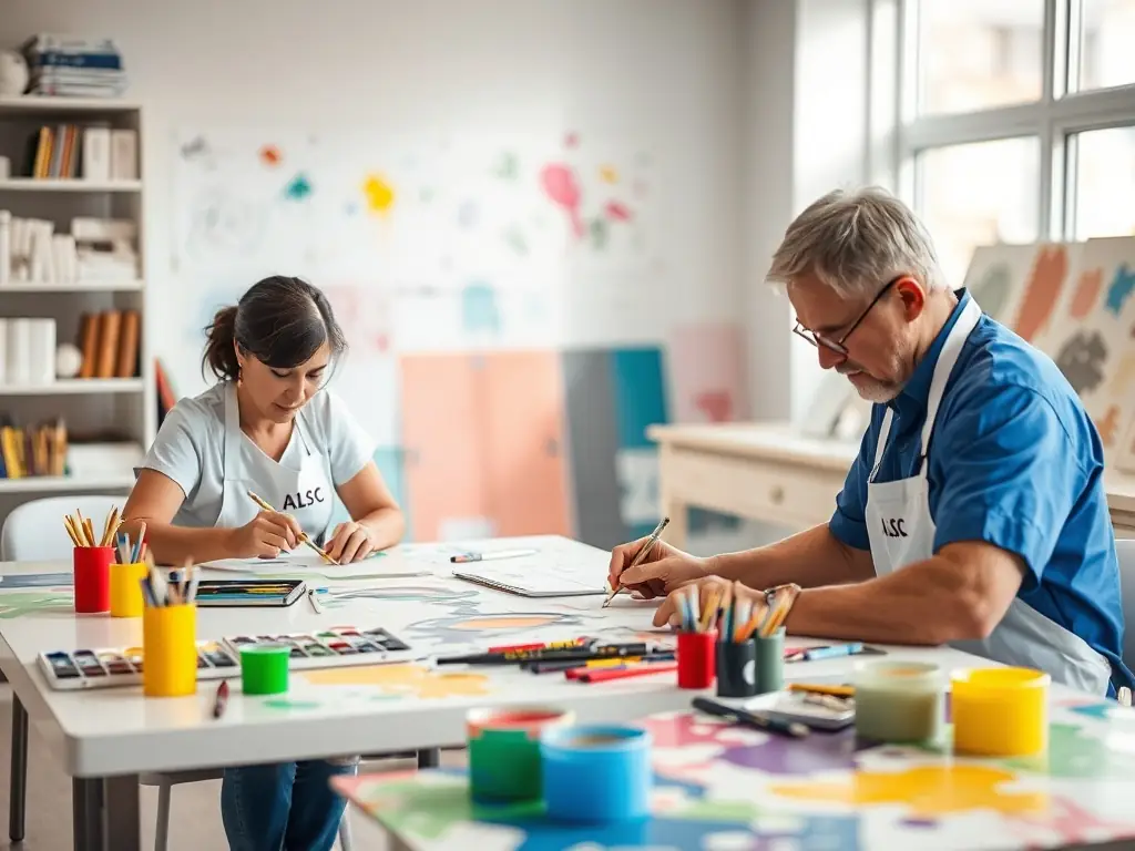 A serene image of hospital staff members participating in a cultural workshop, using ALSC-provided art supplies and wearing branded aprons.