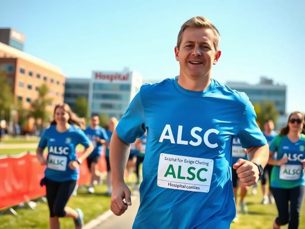 A photograph of a hospital staff member wearing an ALSC-branded t-shirt while participating in a charity run organized by the association. The background shows other participants and the hospital premises.