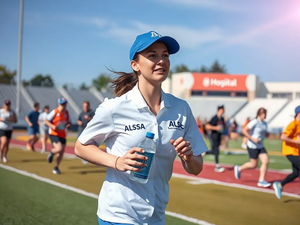 A photograph of a hospital staff member using an ALSC-branded water bottle during a sports activity organized by the association. The background shows a sports field with other participants and the hospital logo.