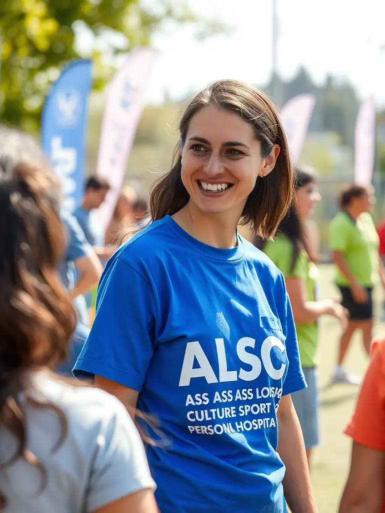 A staff member wearing a branded ALSC ASS LOISIR CULTURE SPORT PERSONN HOSPITA t-shirt while volunteering at a sports event, smiling and interacting with participants.
