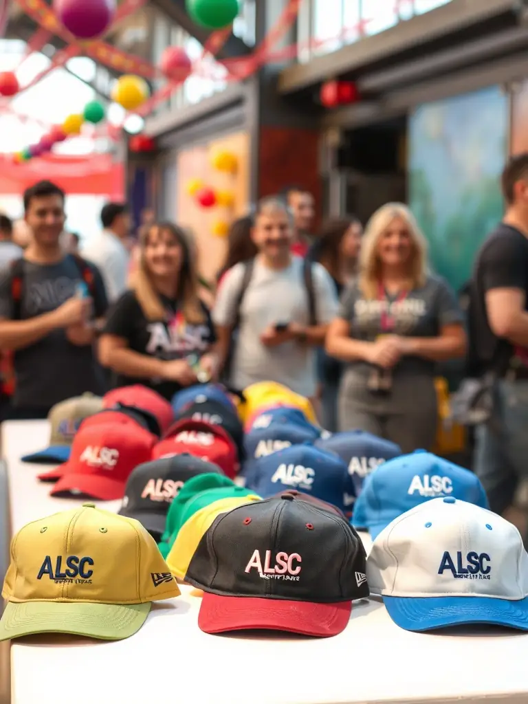 A photo of ALSC-branded hats and caps, displayed on a table at a cultural event. The background includes decorations and smiling participants.