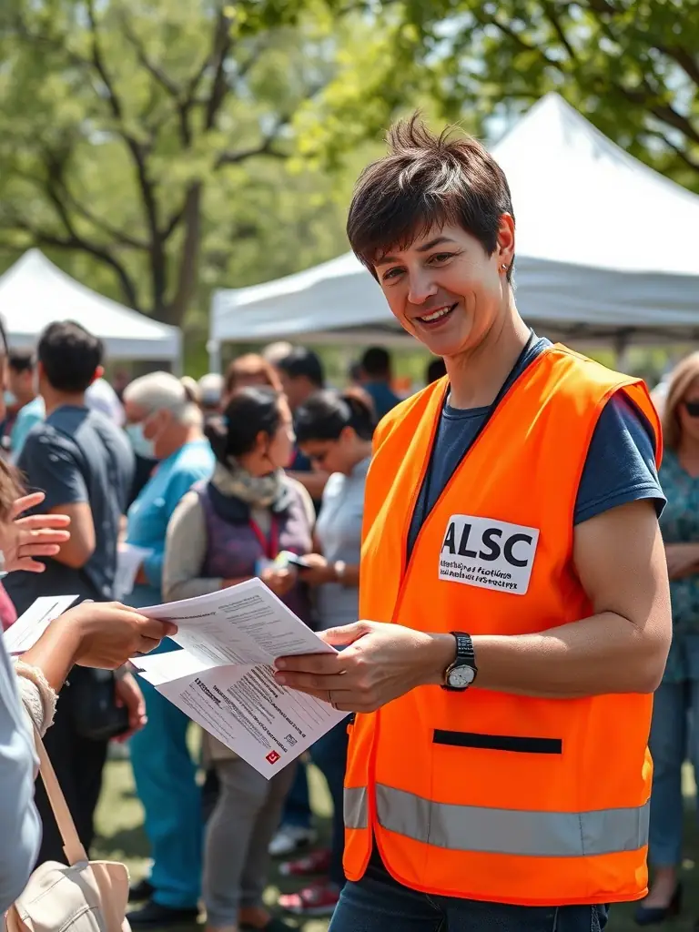 A photograph of a volunteer wearing an ALSC-branded volunteer vest while assisting at a community event organized by the hospital association.