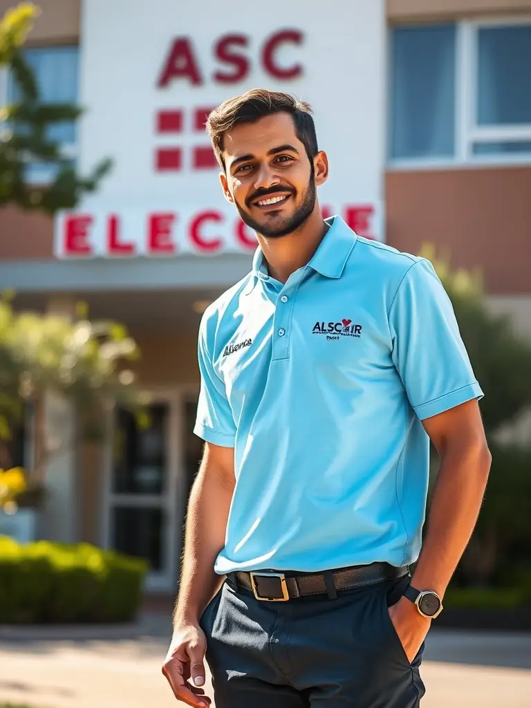 A staff member wearing an ALSC ASS LOISIR CULTURE SPORT PERSONN HOSPITA polo shirt, standing in front of the hospital, looking professional and approachable.