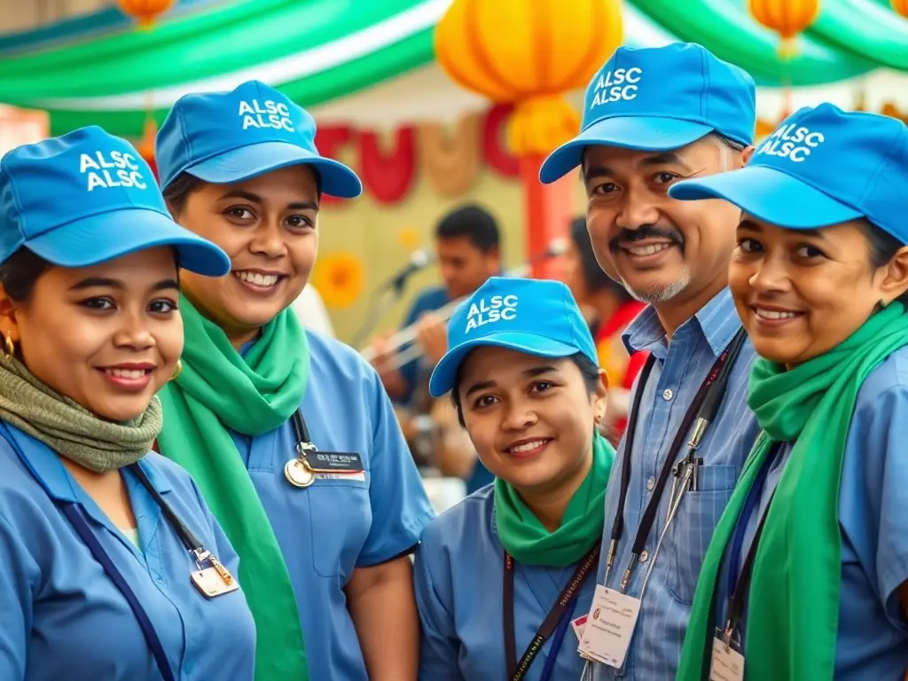 A photograph of a group of hospital staff members wearing ALSC-branded caps and scarves during a cultural event organized by the association. The background shows a festive atmosphere with decorations and music.