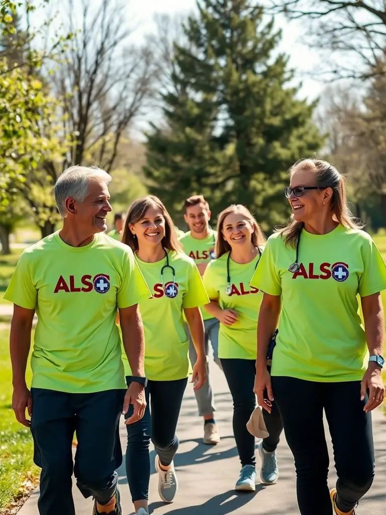 A group of hospital staff wearing ALSC-branded t-shirts at a charity walk. The focus is on the t-shirts and the sense of community.