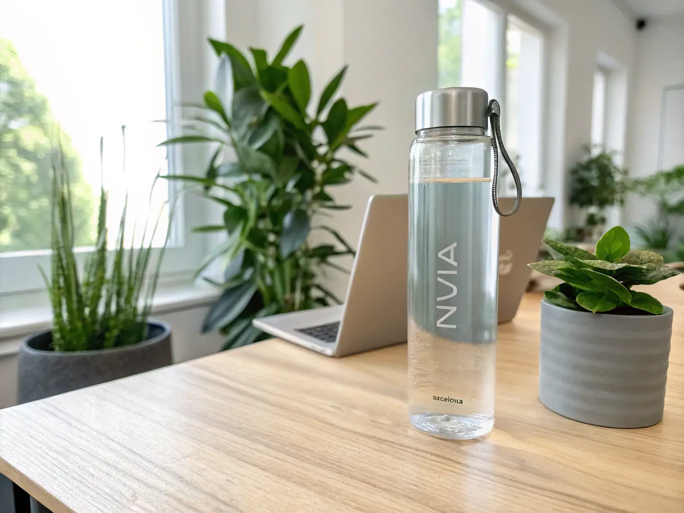 A photograph showcasing a minimalist, reusable water bottle made from sustainable materials, placed on a desk in a hospital break room, with soft natural light filtering through a window.