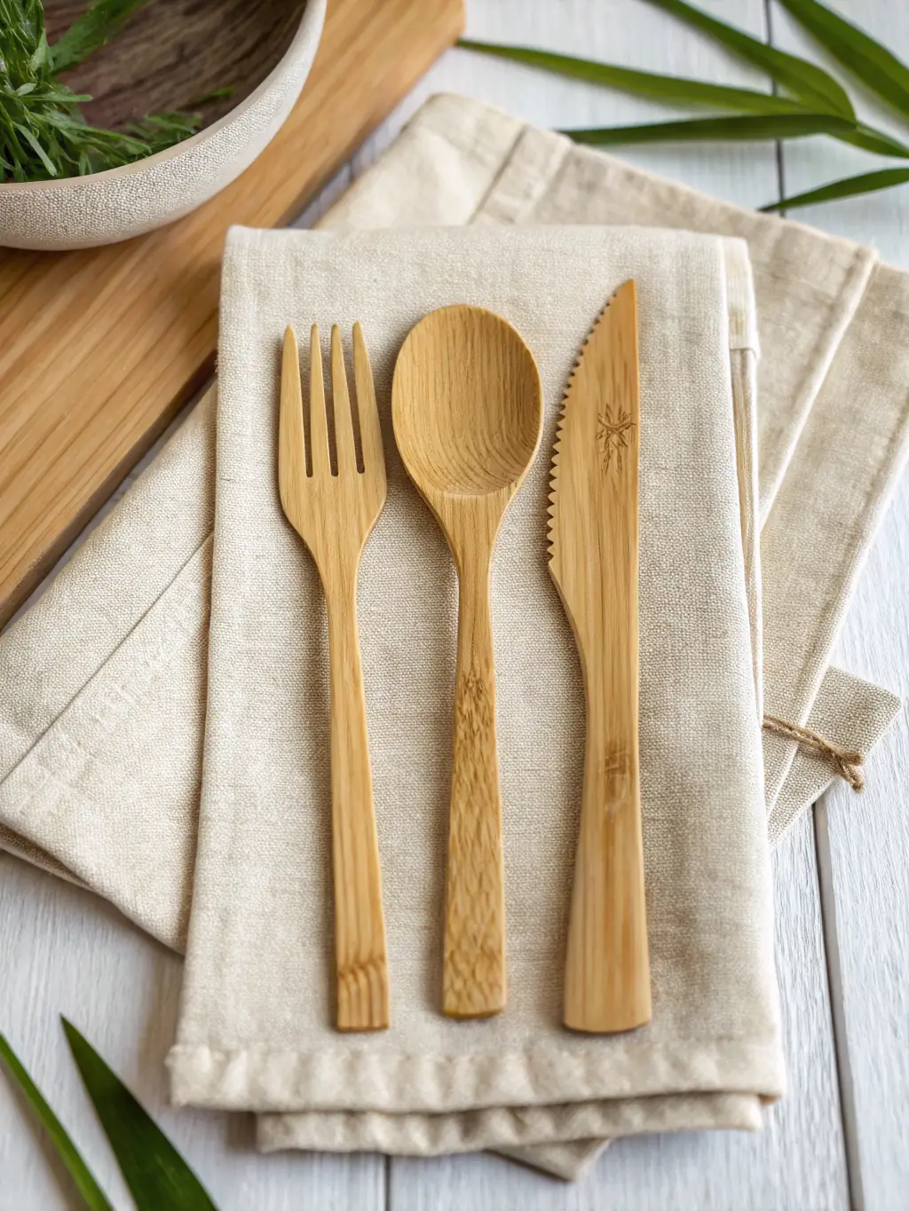 A photograph of bamboo cutlery sets, neatly arranged, highlighting their portability and eco-friendliness for staff meals and events.