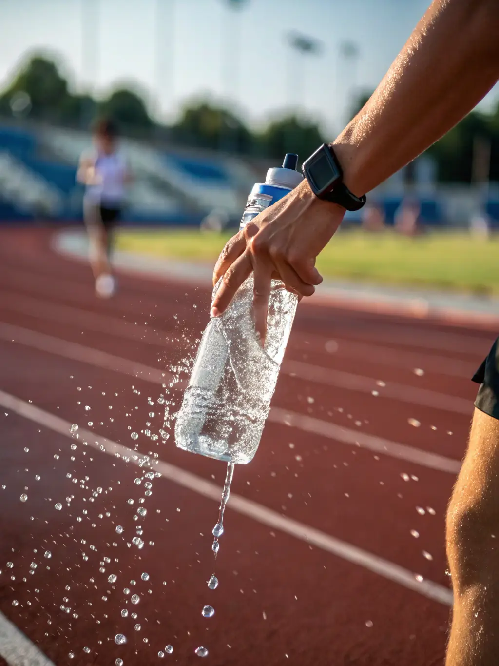 A close-up shot of ALSC-branded water bottles, highlighting the design and material. The background shows a blurred image of people participating in a marathon.