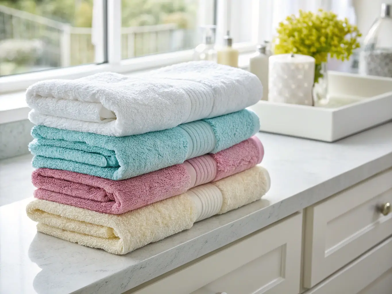 A photograph featuring a set of organic cotton towels neatly folded in a hospital staff lounge, with a plant in the background, creating a serene and inviting atmosphere.