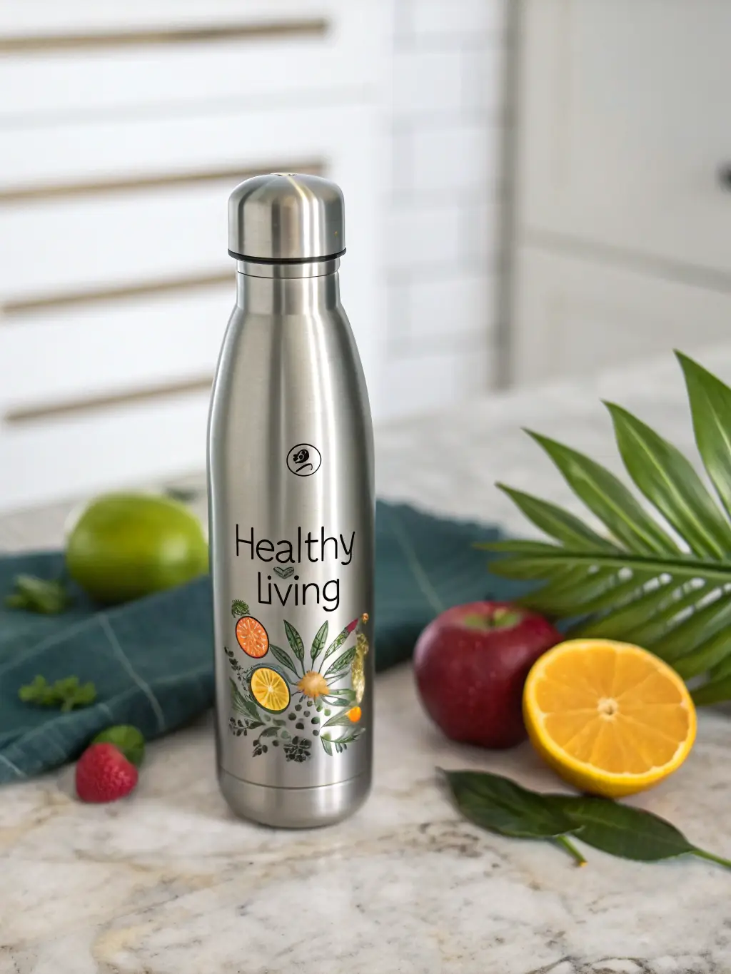 A photograph of reusable water bottles with the ALSC logo, displayed in a minimalist setting, emphasizing sustainability and health for hospital staff.