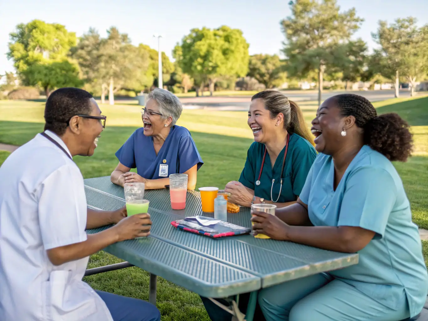 A relaxed photo of hospital staff enjoying a leisure activity, such as a picnic, with ALSC-branded blankets and tote bags.