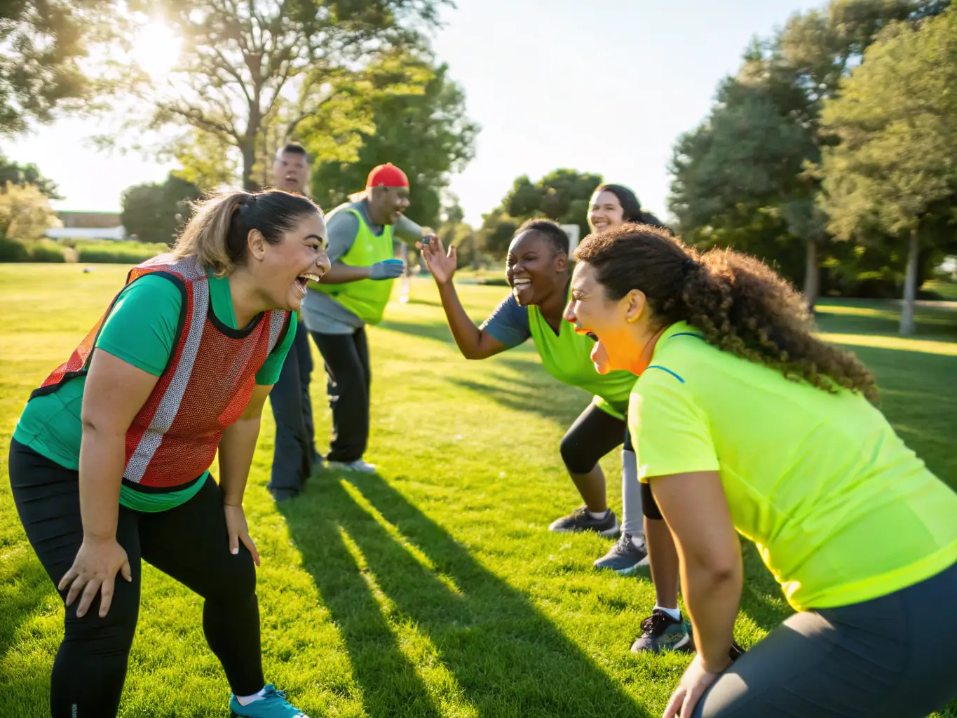 A group of hospital staff laughing and participating in a team-building exercise outdoors, with a focus on camaraderie and enjoyment.