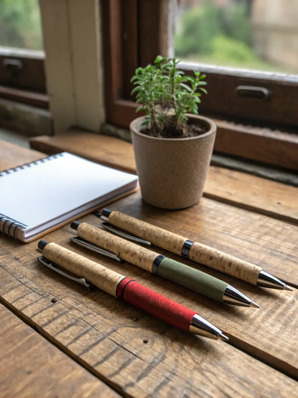 A photograph of recycled paper notebooks and pens, displayed on a desk, promoting mindful note-taking and environmental responsibility.