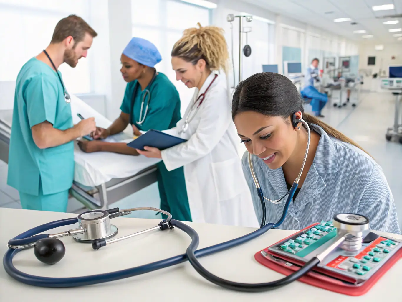 A diverse group of hospital employees engaging in a cultural event, such as a dance class or art workshop, showcasing inclusivity and engagement.